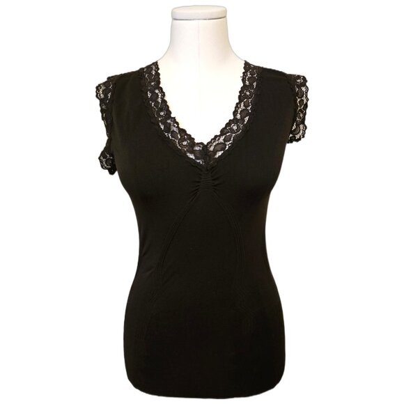 Vintage Y2K Dark Brown Lace Tank Top Stretch Fitted Ruched Bella Swan Layering M - Picture 2 of 9